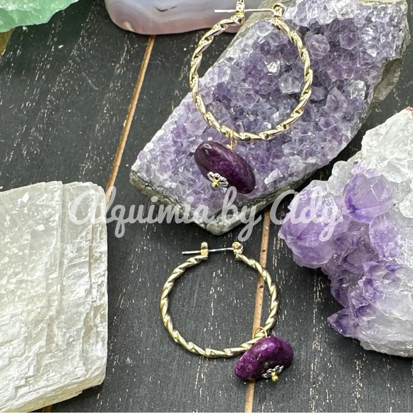 Chunky Purple turquoise dangle gold hoops boho earrings - Picture 1 of 6